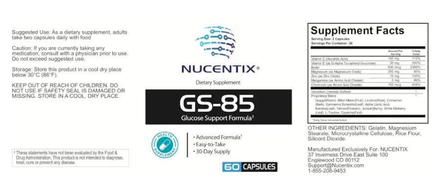 Nucentix GS-85 Supplement Facts label