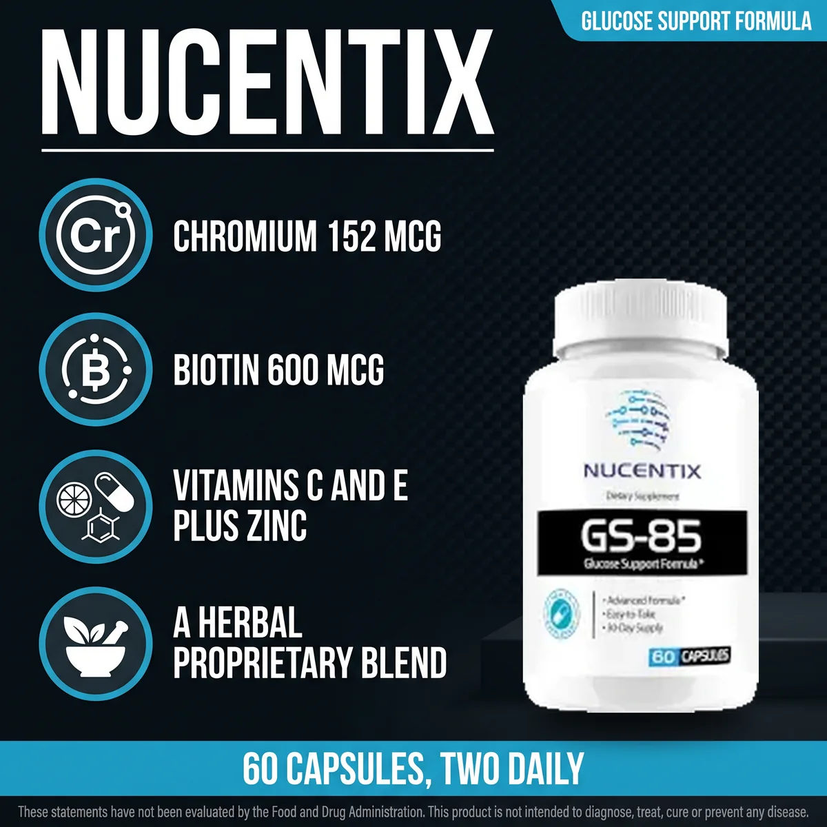 Nucentix GS-85 delivers chromium 152 mcg, biotin 600 mcg, vitamins C and E plus zinc, and a herbal proprietary blend