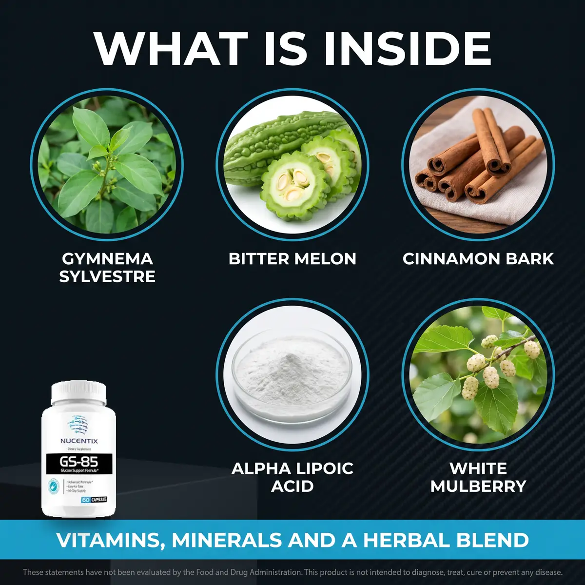 What is inside Nucentix GS-85: gymnema sylvestre, bitter melon, cinnamon bark, alpha-lipoic acid and white mulberry
